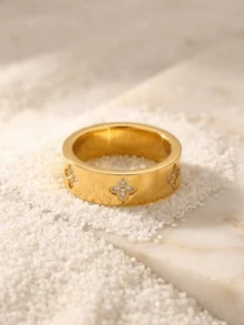 4 st 18K guldbelagda ringar i rostfritt stål, stapelbara ringar, klöverdesign, Ins-stil, vattentäta smycken, eleganta ringar, ädelstensringar, guldsmyckesset, utsökt present - Guld - Visa 5