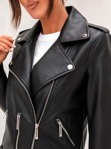 Women's Solid Color PU Leather Long Sleeve Zipper Front Casual Motorcycle Jacket - Black - View 3
