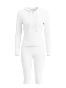 LovelyWholesale Women's Casual Hooded Solid Color Sheer Long Sleeve Top + Slim Fit Capri Pants 2 Pieces Set, Summer Elegant Outfit - White - View 7
