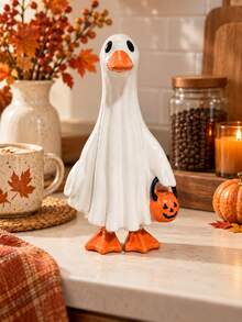 Halloween Ghost Duck Decorative Ornament With Pumpkin Bucket, Cute Spooky Fall Tabletop Decor, Funny Duck Home Decoration For Shelf, Mantel, Entryway, Living Room And Halloween Party - 1PC - View 4