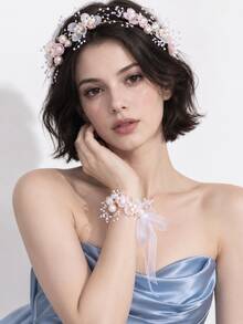 粉色花卉套組－婚禮、單身派對、新娘髮飾、髮花、女士髮箍、婚禮裝飾、婚禮寬邊帽 - 粉色 - 查看 3