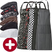 Conjunto de 2 piezas de gorro de chef y delantal con patrones mixtos, delantal de chef ajustable con múltiples patrones y gorro, conjunto de delantal con tirantes y bolsillos grandes - Blanco - Ver 1