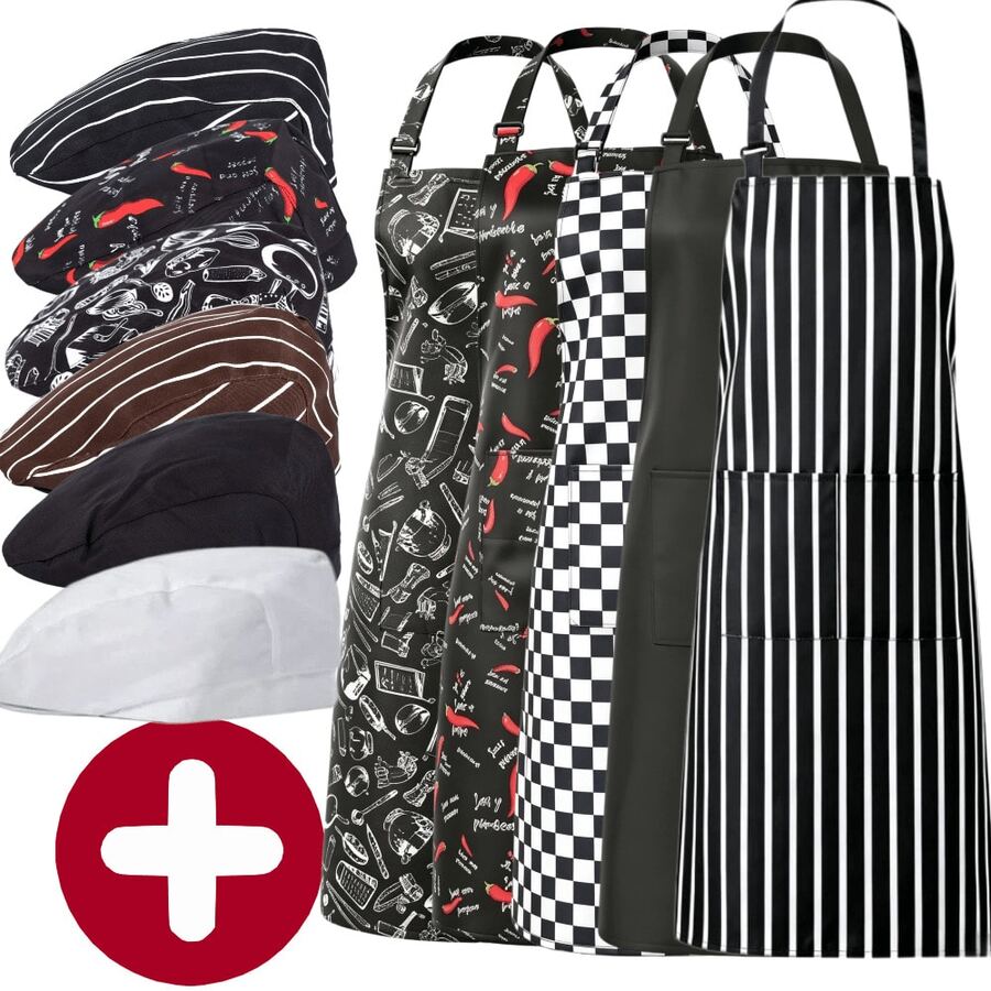 Conjunto de 2 piezas de gorro de chef y delantal con patrones mixtos, delantal de chef ajustable con múltiples patrones y gorro, conjunto de delantal con tirantes y bolsillos grandes - Blanco - Ver 1