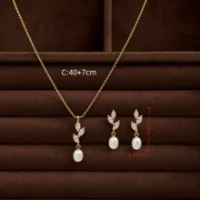 3件組金色馬眼形鋯石葉片與天然珍珠項鍊及墜飾耳環珠寶套裝，優雅精緻新娘珠寶套裝，適合婚禮、宴會與晚禮服 - leaf - 查看 7