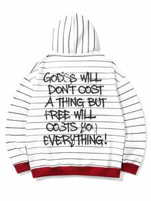 Women's Striped Sweatshirt, Contrast Color Hood Brim & Hem, Letter Print, Loose Fit Kangaroo Pocket Sweatshirt - White - View 3