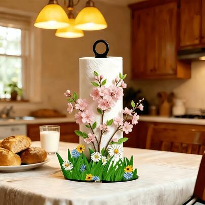 2D Printed Beautiful Cherry Blossom Floral Kitchen Paper Towel Holder, Vertical Kitchen Paper Rack For Countertop, Without Paper Towels, Gift For Mom