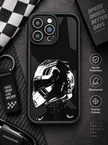 Black And White F1 Racing Helmet Phone Case, Hardcore Racing Driver Silhouette Cool Black Full Coverage Shockproof Soft Protective Cover Compatible With IPhone 18 17 16 15 14 13 12 11/Pro/ProMax/X/XR/XS/XSMAX/7/8/PLUS Compatible With Samsung/Honor - Black - View 1