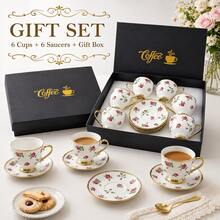 WGROOM 12pcs/Set (6 Cups And 6 Saucers) Rose Print Ceramic Tea Cup And Saucer Set, Gold Rim Coffee Cup Set, Elegant Afternoon Tea Set, Suitable For Home, Party And Gift - Multicolor - View 3