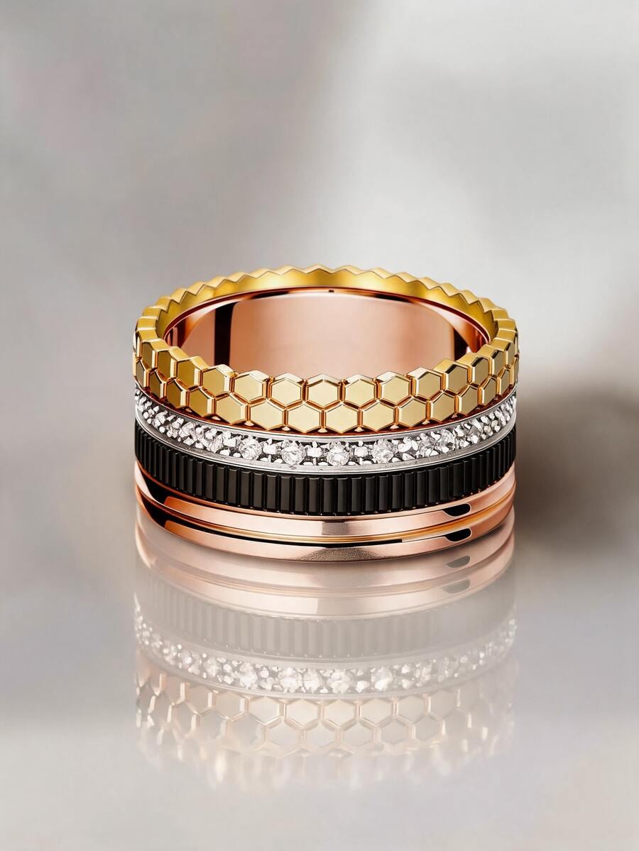 1 buah Cincin Zirkonia Aneka Warna Berlapis Emas 18K, Cincin Mewah dengan Tekstur Sarang Lebah, Hadiah untuk Wanita dan Anak Perempuan untuk Sehari-hari, Pesta, Liburan - MultiWarna - View 1