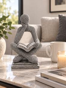 1pc Abstract Reading Thinker Statue, Silver Beaded Texture Man Figurine Holding Open Book, Modern Art Sculpture For Bookshelf Office Desk Study Living Room Coffee Table Decor - New - View 5