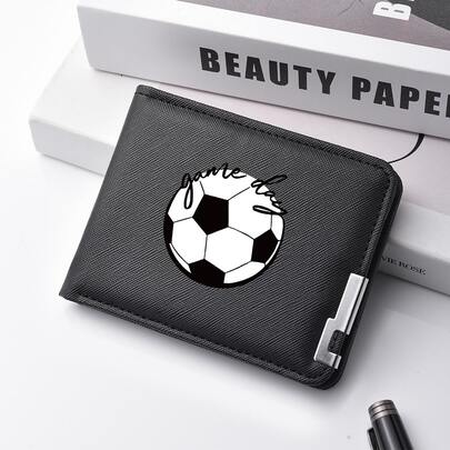 1pc Game Day Football Pattern PU Leather Multi-Slot Bifold Minimalist Men's Short Wallet, Suitable For Football Fans Daily Use