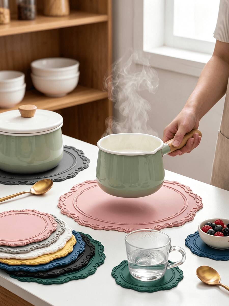 1pc 12.2cm Silicone Non-Slip Table Mat, Nordic Style Western Meal Placemat, Coaster, Washable, Easy To Clean, Wipeable, Non-Slip, Sweet Love, Elegant Table Mat, Table Setting, Kitchen Table Mat, Holiday Wedding Decoration - Multicolor - View 1