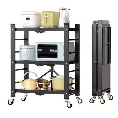 Scaffale pieghevole in metallo a 3 ripiani con ruote, carrello da cucina, scaffale stabile con funzione mobile. Utilizzabile senza montaggio, ideale per riporre oggetti in cucina, dispensa, deposito e ufficio, nero