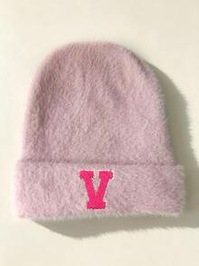 1pc Pink Floral Letter Print Beanie, Ribbed Knit Winter Hat,Cold Weather Headwear, Y2K Cute Warm Skull Cap For Women - Pink - View 34