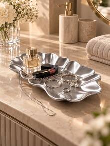1pc Elegant Wavy Floral Silver Jewelry Tray, Multi-Functional Vanity Desktop Storage Organizer, Jewelry & Cosmetics Display Plate, Suitable For Vanity, Bedside Table, Desk, Home Aesthetic Decor, Home Decoration, Room Decor, Autumn Home Decor, Office Decor, Decoration, Bedroom Decor - Multiple Styles - View 4