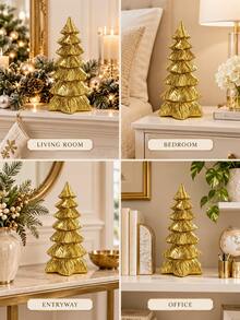 1pc Gold Christmas Tree Figurine, Elegant Sculpted Tabletop Ornament With Layered Branch Design, Freestanding Holiday Accent For Living Room, Mantel, Shelf, Office Desk And Winter Party Decor - New - View 7