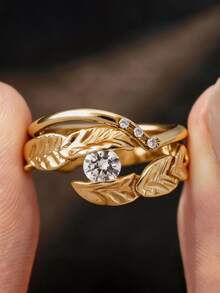 2pcs/Set 18K Gold Plated Luxury White Gemstone Rings, Petal Leaf Rings, Rhinestone Rings, Exquisite Holiday Party Gift For Women - Yellow Gold - View 2