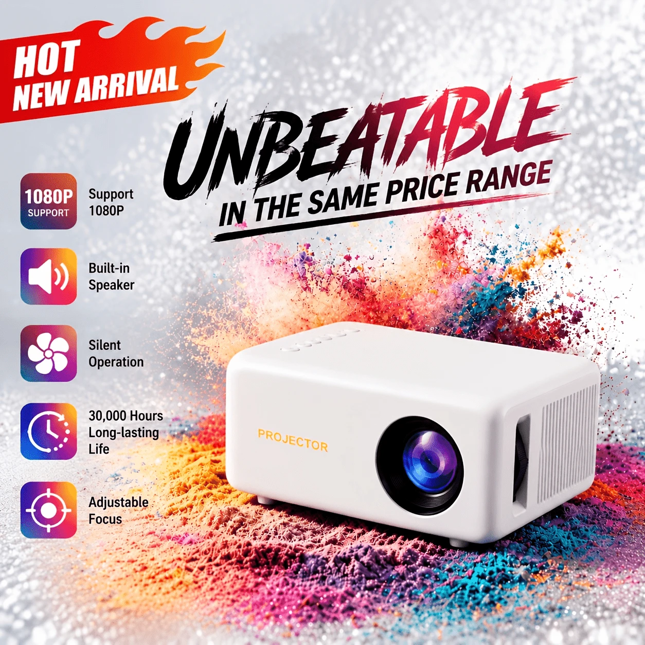 Portable Mini Projector, Supports 1080P Home Theater Projector, Phone Connection, Compact Movie Projector, Suitable For Camping, Bedroom, Outdoor Use - White PD Version-1080P - View 1