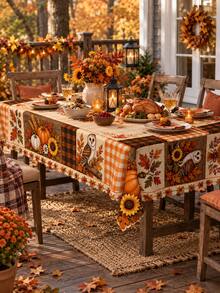 秋季南瓜拼接桌布，Hello Fall，Welcome Fall，豐收祝福主題印花，貓頭鷹松果向日葵南瓜楓葉格紋拼接設計，復古鄉村農舍風長方形餐桌布，適用於廚房餐桌、家庭聚會、感恩節派對、秋季居家裝飾 - 彩色 - 查看 2
