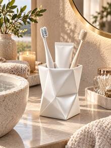 1pc White Geometric Toothbrush Cup, Modern Minimalist Electric Toothbrush And Toothpaste Countertop Storage Rack, Multi-Functional Bathroom Sink Storage Cup, Mouthwash Cup, Couple Home Dorm Bathroom Accessory, Sink Essential And Decor - Multicolor - View 3