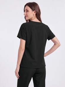 Solid Color V-Neck Short Sleeve Top And Elastic Waist Multi-Pocket Scrub Pants Scrub Uniform Set - Black - View 2