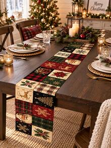 1pc Christmas Table Runner, Santa Claus Reindeer Buffalo Plaid Snowflake Holly Poinsettia Patchwork Print Linen Look Dining Runner, Vintage Christmas Decorations For Home, Farmhouse Kitchen Decor, Holiday Party Table Room Decor - Multicolor - View 7