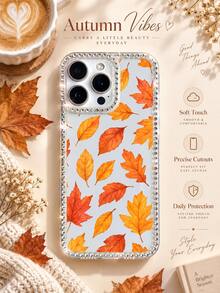 A Diamond-Encrusted Border Autumn Maple Leaf Phone Case With Transparent Rhinestone Decorations, Featuring An Orange-Yellow-Red Gradient Maple Leaf Design. This Lightweight, Luxurious, Full-Wrap, Drop-Proof Soft Case Is Compatible With Iphone 18, 17, 16, 15, 14, 13, 12, 11/Pro/ProMax - Clear - View 1