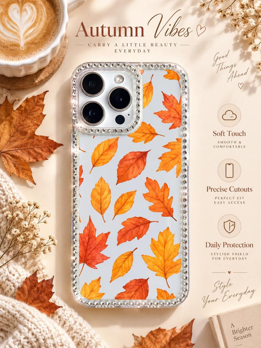 A Diamond-Encrusted Border Autumn Maple Leaf Phone Case With Transparent Rhinestone Decorations, Featuring An Orange-Yellow-Red Gradient Maple Leaf Design. This Lightweight, Luxurious, Full-Wrap, Drop-Proof Soft Case Is Compatible With Iphone 18, 17, 16, 15, 14, 13, 12, 11/Pro/ProMax - Clear - View 1
