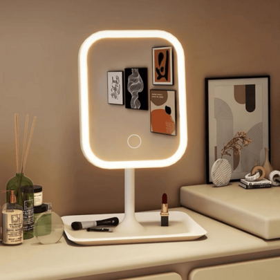 1pc LED Makeup Mirror With Light, 3 Color Modes, Desktop Makeup Mirror, Smart Adjustable 3-Color Light Touch Control, With Storage Tray, 360° Rotation, Travel Makeup Mirror, Portable LED Makeup Mirror, Rechargeable Desktop LED Folding Detachable Makeup Mirror, Desktop Makeup Mirror Replacement, Creative Valentine's Day Gift, Women's Gift