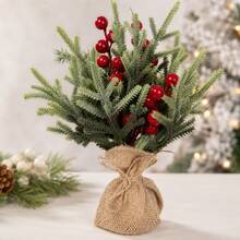 1pc 9.8 Inch Mini Artificial Christmas Tree With Burlap Base, Realistic Green Pine Branches And Red Berries, Rustic Style Desktop Holiday Decor, Suitable For Home, Office, Desk, Shelf, Store Display, Christmas Party And Winter Decoration - Mini Artificial Christmas Tree With Pine Branches and Red Berries - View 8