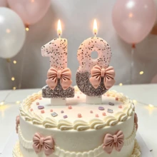 1件女孩喜愛閃粉數字生日蠟燭，附柔軟蝴蝶結裝飾，數字0-9可選，精緻蛋糕裝飾頂飾，適用於生日派對、嬰兒洗禮、拍照道具與甜點裝飾用品 - 彩色 - 查看 3