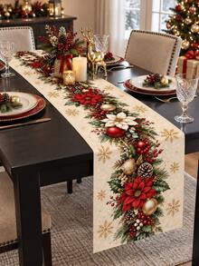 1pc Christmas Linen Table Runner, Red & White Color Scheme With Holly Berry, Pine Cone And Snowflake Decor, Suitable For Holiday Dining, Kitchen, Farmhouse Style Christmas Party - Multicolor - View 3