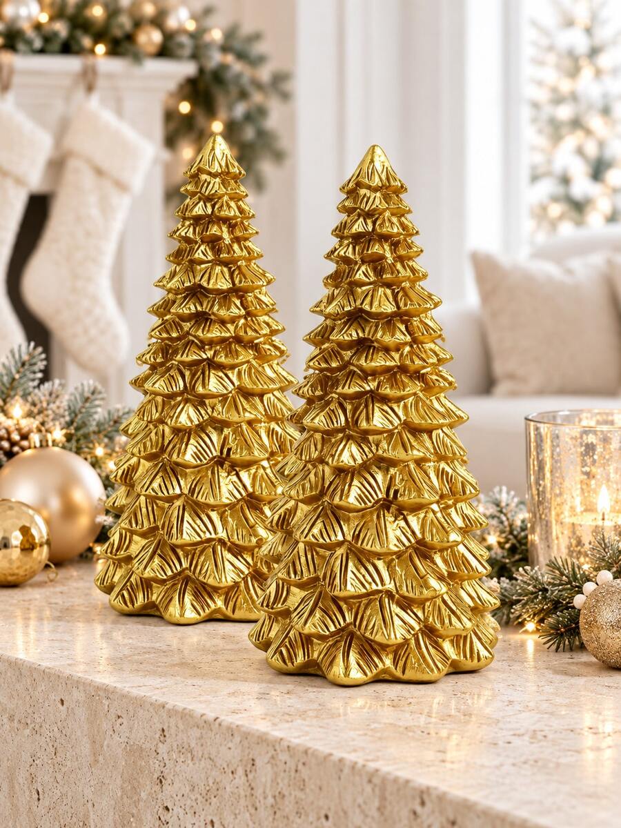 1pc Golden Christmas Tree Tabletop Decoration, Elegant Layered Pine Design, Festive Holiday Centerpiece For Fireplace Mantel, Dining Table, Shelf, Living Room, Office And Winter Home Decor - 1PC - View 1