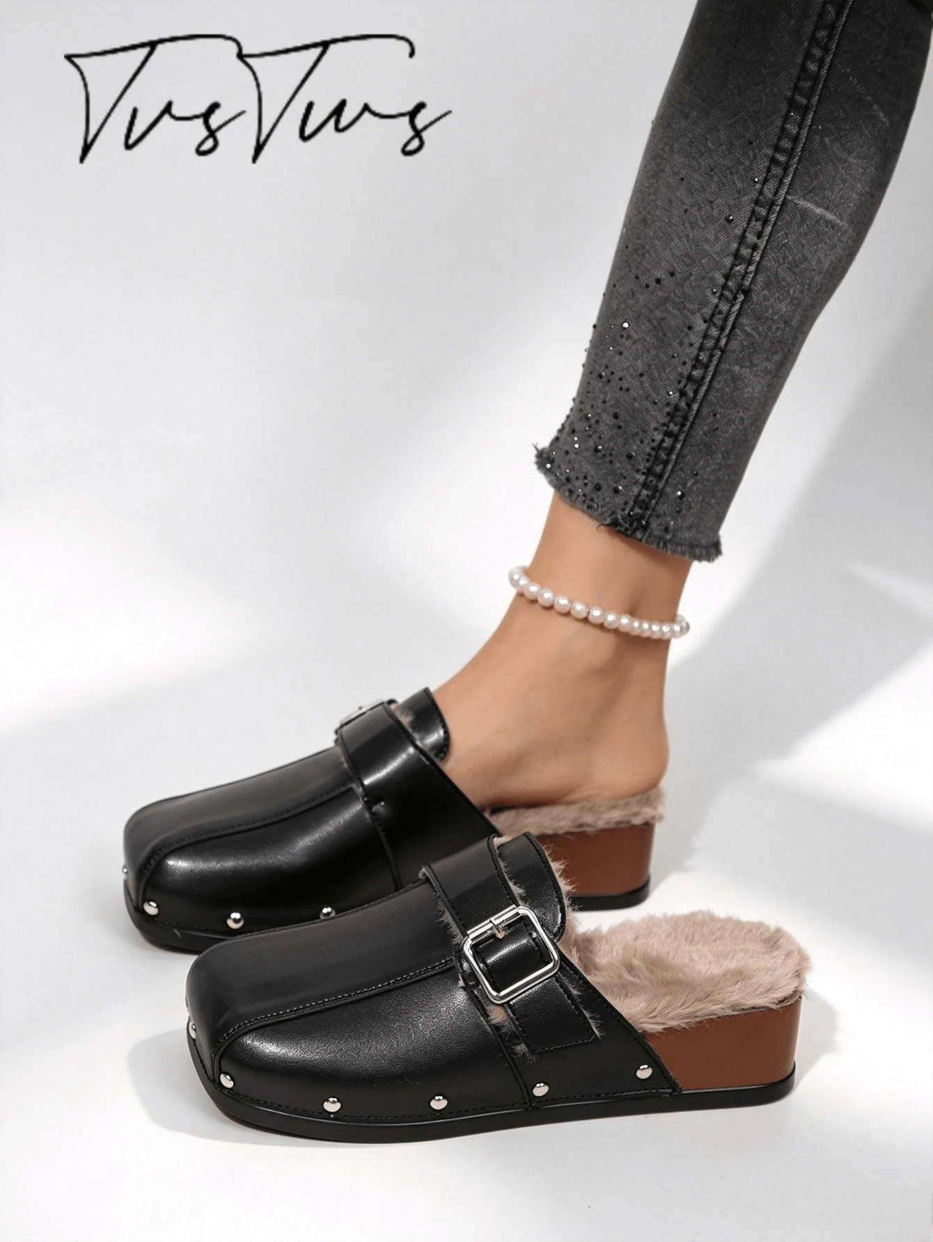 Autumn/Winter Thermal Lined Cross-Woven Mule Women's Shoes, Contrast Color Rivet Square Toe Closed Toe Half-Slipper, Thick Sole Warm Thermal Slippers For Outdoor Wear - Black - View 1