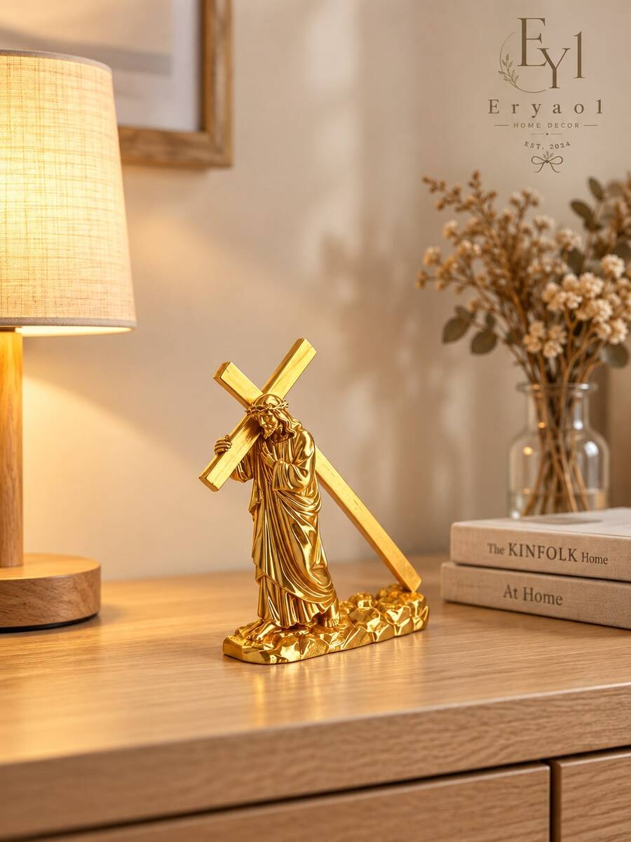 1PC Gold Jesus Carrying Cross Statue, 10cm Christian Religious Figurine, Metallic Faith Home Decor Sculpture For Prayer Room, Shelf, Desk, Bedroom, Church, Easter Christmas Gift - Jesus Cross - View 1