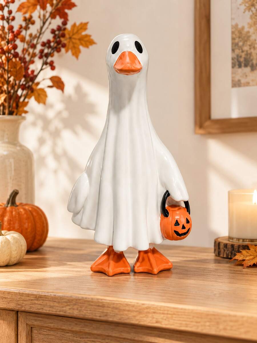 Halloween Ghost Duck Decorative Ornament With Pumpkin Bucket, Cute Spooky Fall Tabletop Decor, Funny Duck Home Decoration For Shelf, Mantel, Entryway, Living Room And Halloween Party - 1PC - View 1