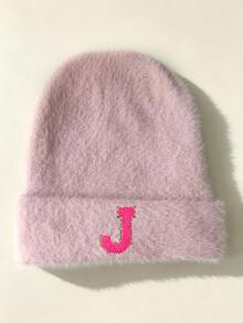 1pc Pink Floral Letter Print Beanie, Ribbed Knit Winter Hat,Cold Weather Headwear, Y2K Cute Warm Skull Cap For Women - Pink - View 23