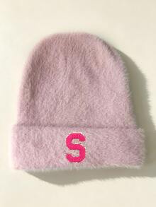 1pc Pink Floral Letter Print Beanie, Ribbed Knit Winter Hat,Cold Weather Headwear, Y2K Cute Warm Skull Cap For Women - Pink - View 10