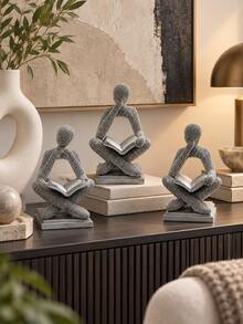 1pc Abstract Reading Thinker Statue, Silver Beaded Texture Man Figurine Holding Open Book, Modern Art Sculpture For Bookshelf Office Desk Study Living Room Coffee Table Decor - New - View 1