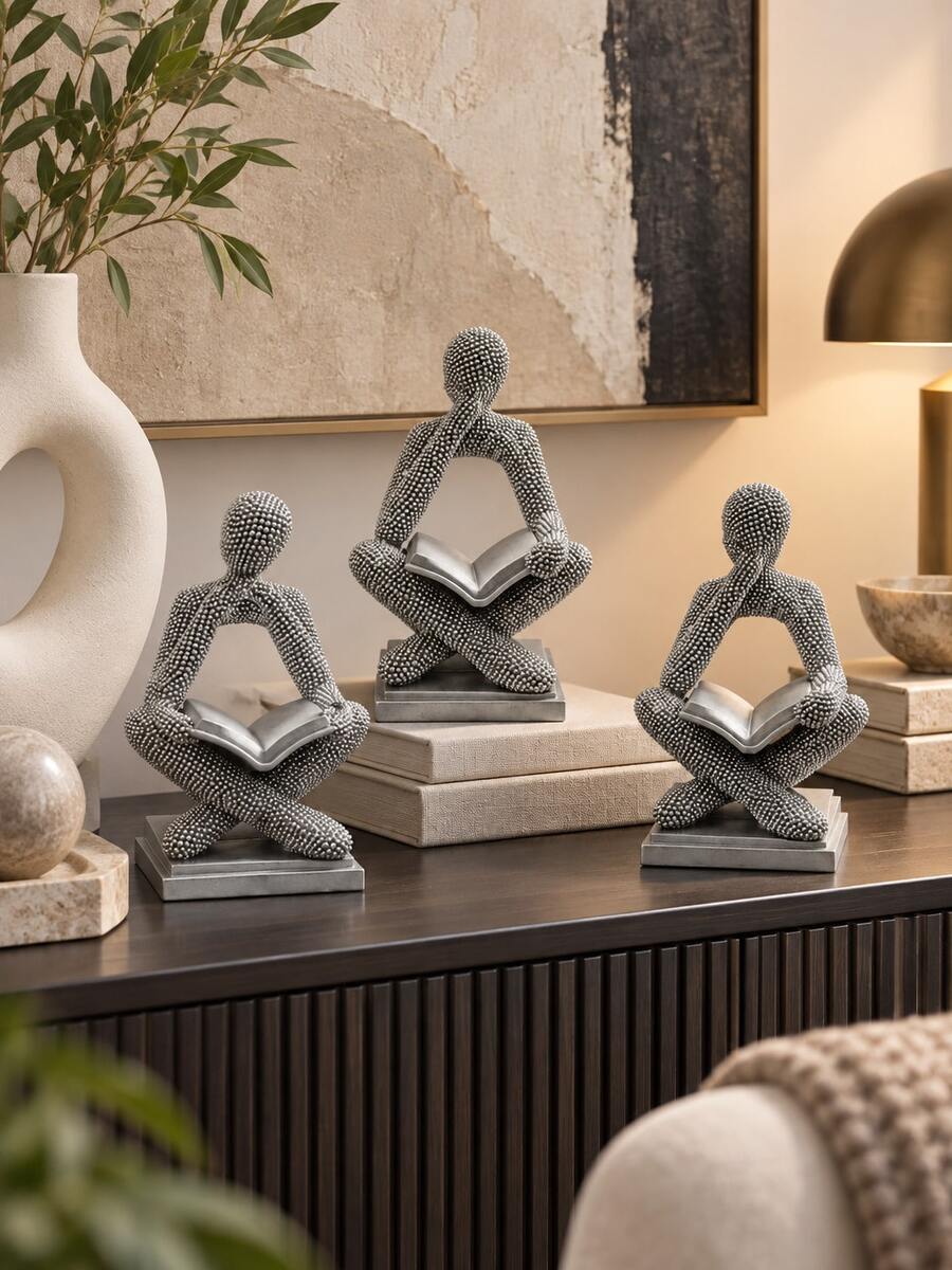 1pc Abstract Reading Thinker Statue, Silver Beaded Texture Man Figurine Holding Open Book, Modern Art Sculpture For Bookshelf Office Desk Study Living Room Coffee Table Decor - New - View 1