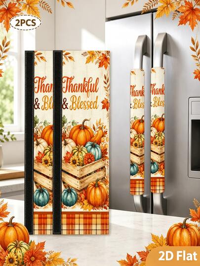 Thanksgiving Fall Pumpkin Print Refrigerator Handle Covers, With Hook And Loop, Perfect For Housewarming Kitchen Decorations. Suitable For Refrigerators, Microwaves, And Ovens. A Perfect Home Decor Fabric Cover To Reduce Wear And Tear. A Must-Have Thanksgiving Decoration.