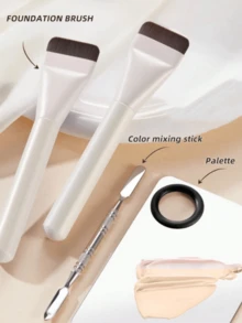 2pcs Portable Makeup Brush Set With Flat Head Soft Bristles, Seamless Ultra-Thin Foundation Brush, Contour Brush, Powder Brush, Liquid Brush, Acrylic Mixing Palette With Round Hole, Foundation Mixing And Application 2-In-1 Makeup Tool For Beginners - White - View 2