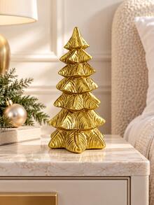 1pc Golden Christmas Tree Tabletop Decor, Vintage-Inspired Layered Tree Figurine With Textured Detail, Festive Freestanding Accent For Fireplace Mantel, Entryway, Shelf, Desk And Holiday Centerpiece - New Model - View 9