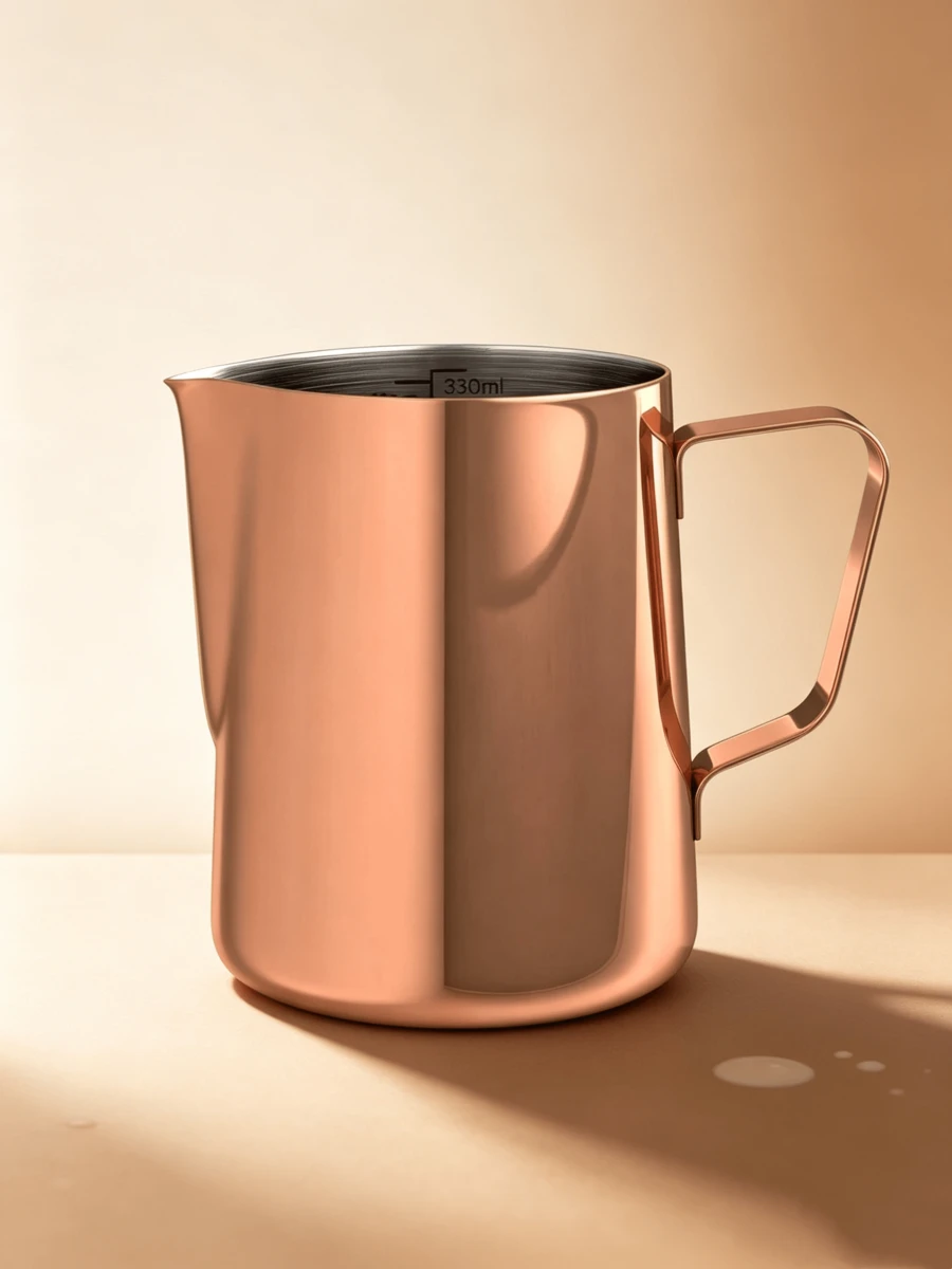 إبريق رغوة الحليب من الفولاذ المقاوم للصدأ سعة 330 مل مع مقبض مريح، إكسسوار قهوة للكابتشينو، الأبعاد 11 * 9.3 سم - لون نحاسي - مشاهدة 1