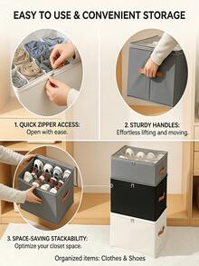 Compartment Oxford Cloth Shoe Storage Box, Minimalist Gray With Faux Leather Handle, Transparent Flip Lid, Large Capacity Foldable Design, Dust-Proof And Moisture-Proof, Wardrobe Bedroom Sneakers And Boots Organizer Storage Box - Multicolor - View 9