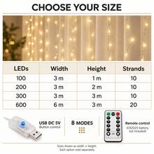 أضواء ستارة LED USB مع جهاز تحكم عن بعد، 8 أوضاع، 100/200/300/600 LED، لغرفة النوم والنافذة والزفاف والحفلات وديكور عيد الميلاد - قابس USB - مشاهدة 6