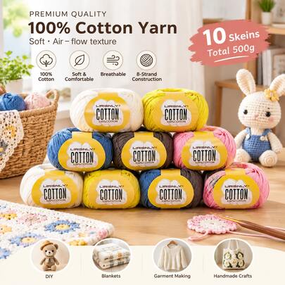 LIRISNLY 10 Skeins 500g 100% Cotton Yarn, Soft Breathable Hand Knitting & Crochet Yarn, DIY Craft Yarn For Making Bags Small Garments, Beginner Friendly