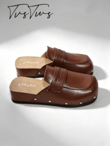 Autumn/Winter Thermal Lined Cross-Woven Mule Women's Shoes, Colorblock Rivet Square Toe Closed Toe Slippers, Thick Sole Warm Thermal Slippers For Outdoor Wear - Brown - View 4