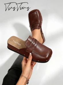 Autumn/Winter Thermal Lined Cross-Woven Mule Women's Shoes, Colorblock Rivet Square Toe Closed Toe Slippers, Thick Sole Warm Thermal Slippers For Outdoor Wear - Brown - View 2