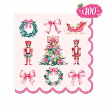 Christmas Scalloped Paper Napkins, Pink Watercolor Nutcracker & Wreath Design Disposable Cocktail Napkins For Holiday Party Table Decor - Multicolor - View 6
